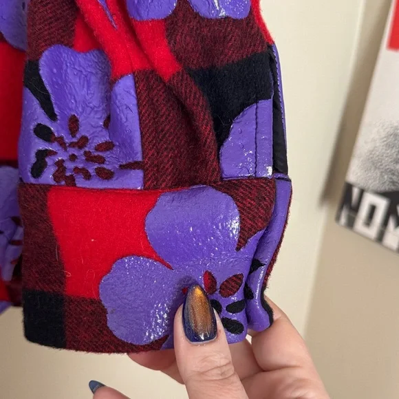 Moschino Couture ! Milano Red and Black Plaid Jacket W/Purple Floral Design XL - Picture 12 of 16
